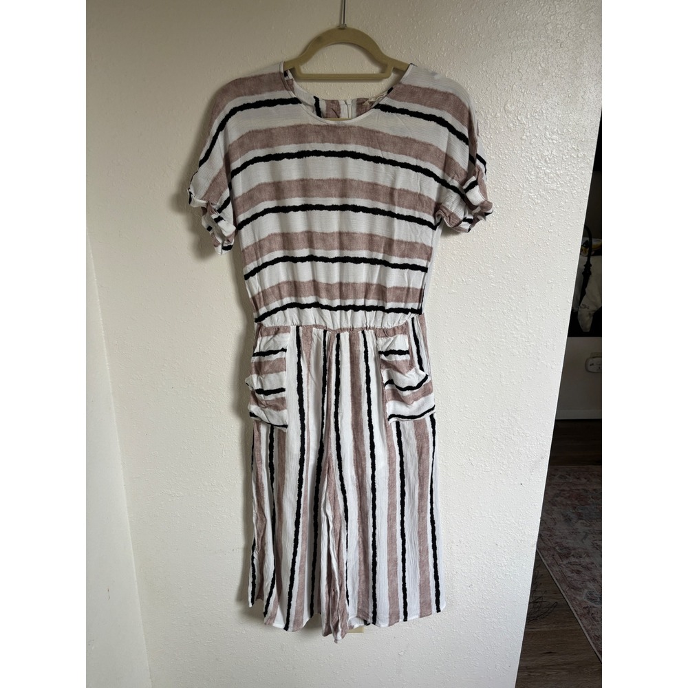 Orange Creek‎ Jumpsuit Medium Striped White Brown Black Short Sleeve Pockets